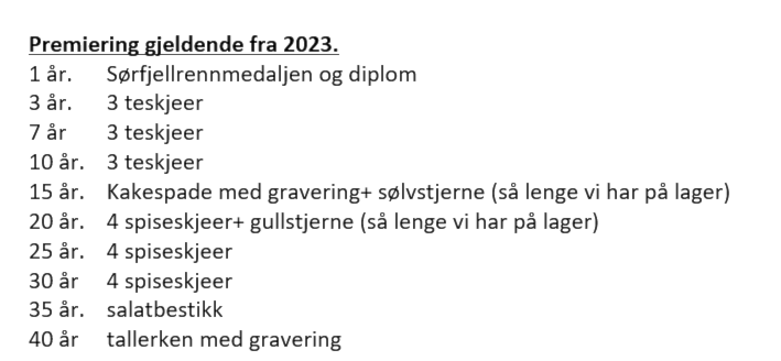 Oversikt over premier- Sørfjellrennet